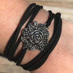 Tie Wrap Floral Rose Silver Bracelet Cuff Yoga Boho Biker Vegan Faux Leather